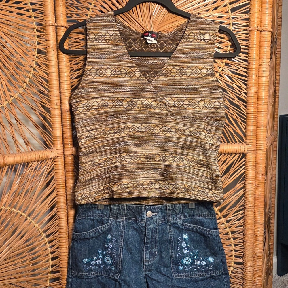 Vtg Love & Kisses USA Girl Large Jr XS Sleeveless Knit Top Brown Geometric 90s